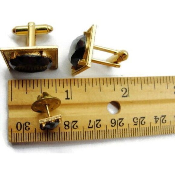Black Faceted Cuff Link Set Dante Gold Tone Cufflinks & Tie Tack Tux Shirt Vtg - Picture 4 of 11
